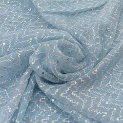 Sky Blue Wave Sequins & Thread Organza Embroidery