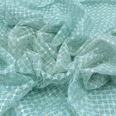 Light Sea Green Checks Sequins & Thread Organza Embroidery