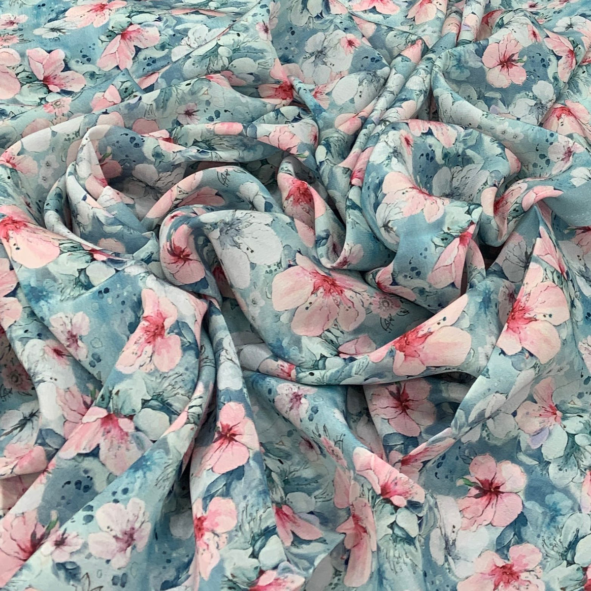 Aqua Blue Floral Crepe Printed