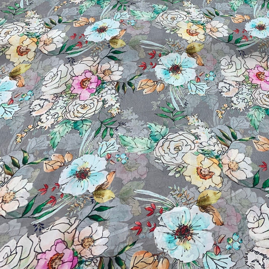 Grey Flower Design Crepe Printed Fabric