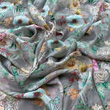 Grey Flower Design Crepe Printed Fabric