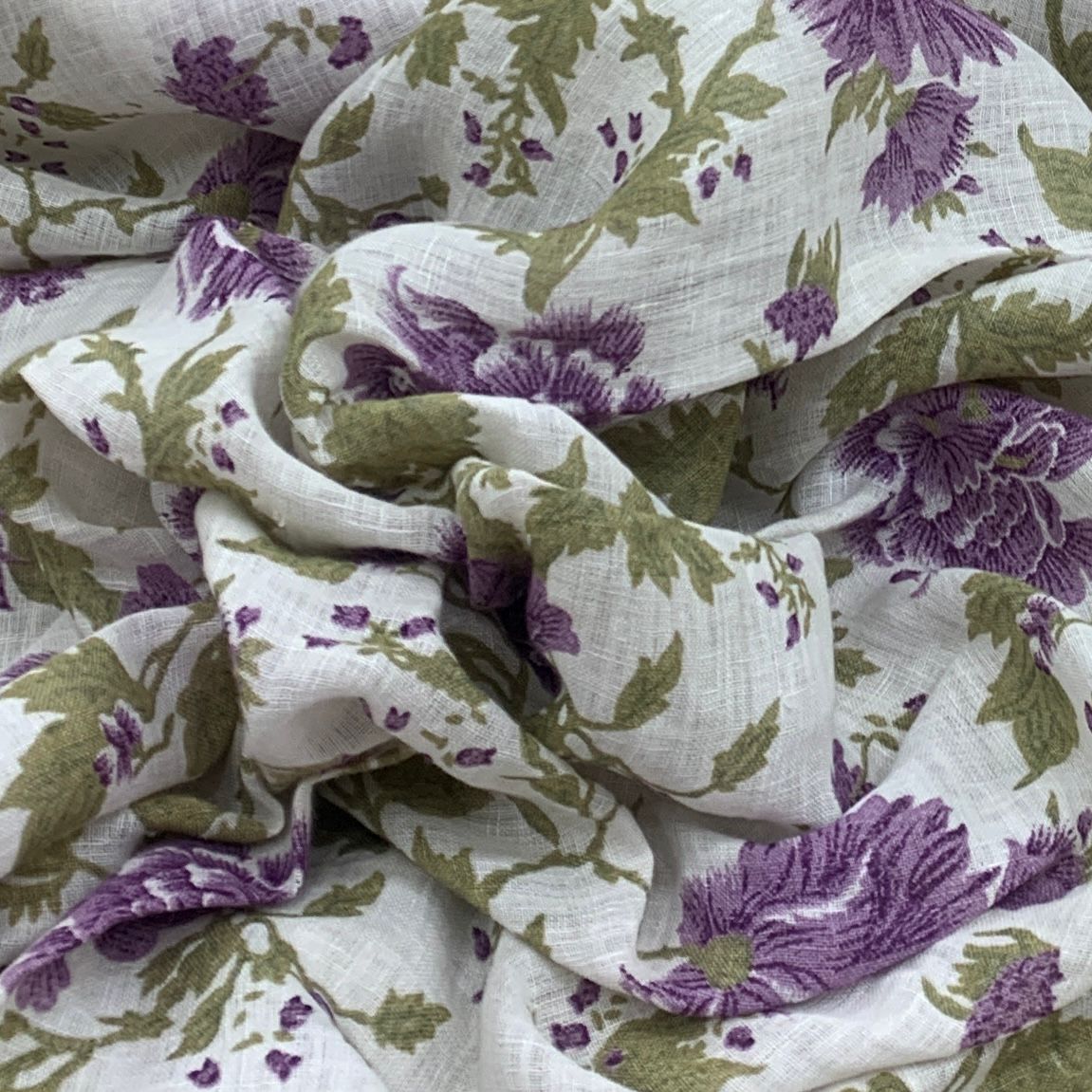 White With Purple Flower Design Linen Printed Fabric