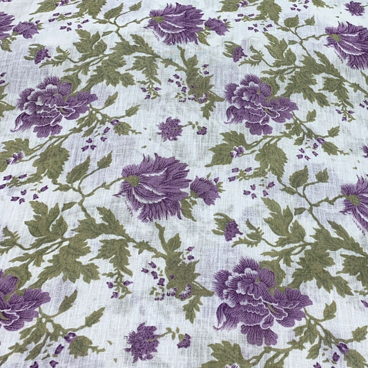 White With Purple Flower Design Linen Printed Fabric