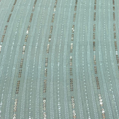 Mint Green Stripes Sequins Thread Georgette Embroidery