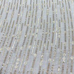 Off White Gold Georgette Stripes Sequins Thread Embroidery