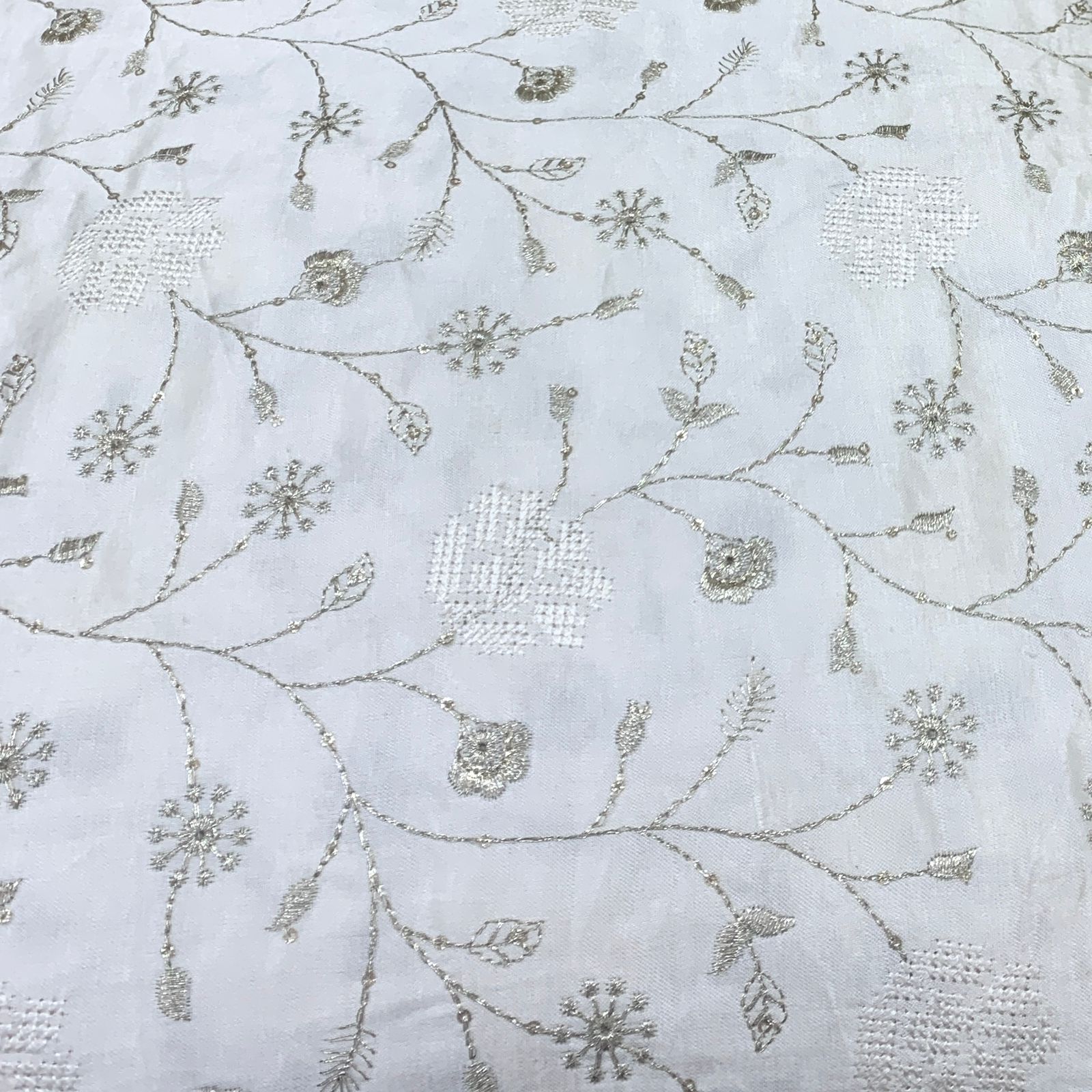 White Gajji Satin Embroidered Fabric