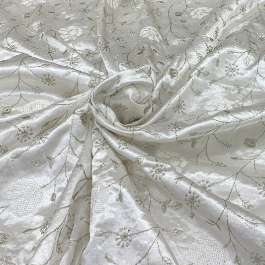 White Gajji Satin Embroidered Fabric