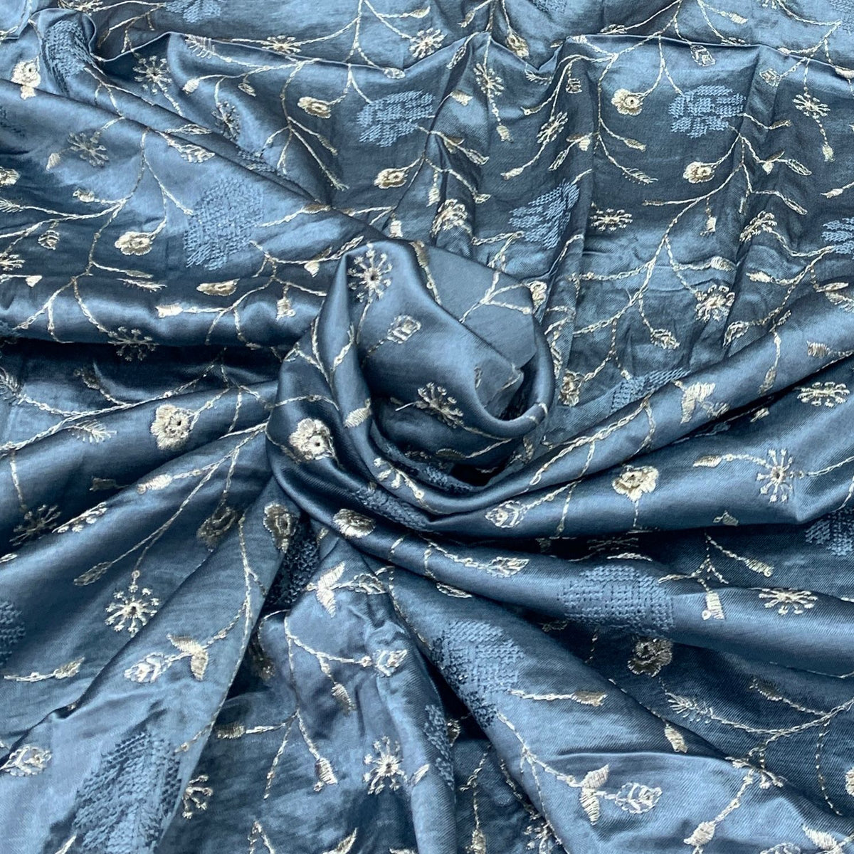 Blue Gajji Satin Embroidered Fabric