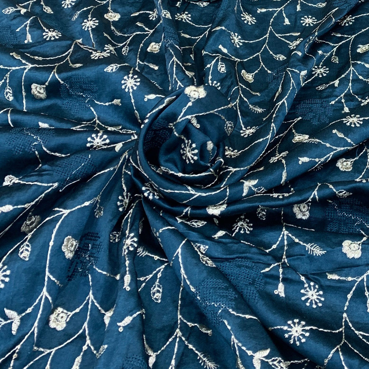 Blue Gajji Satin Embroidered Fabric