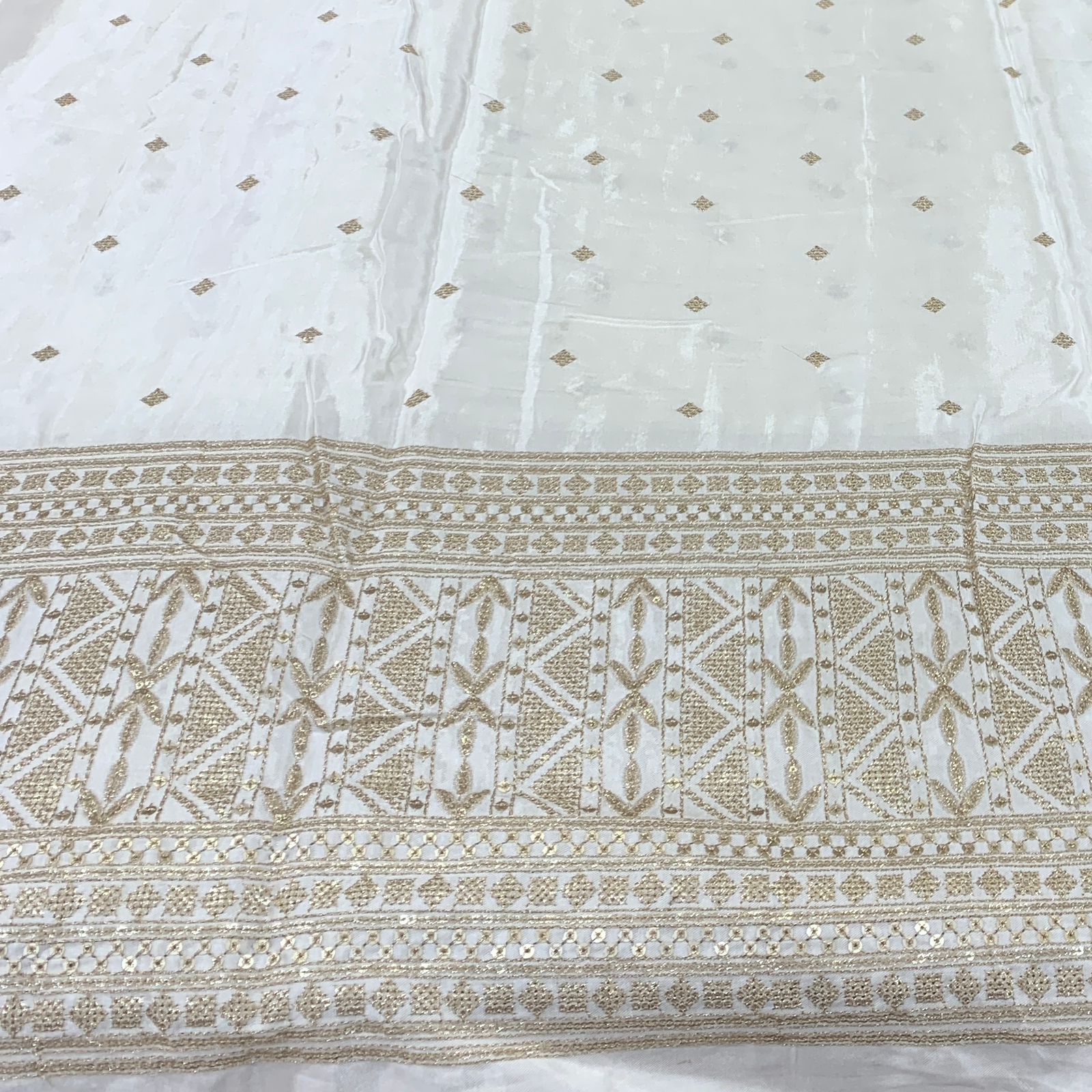 White Gajji Satin Embroidered Fabric