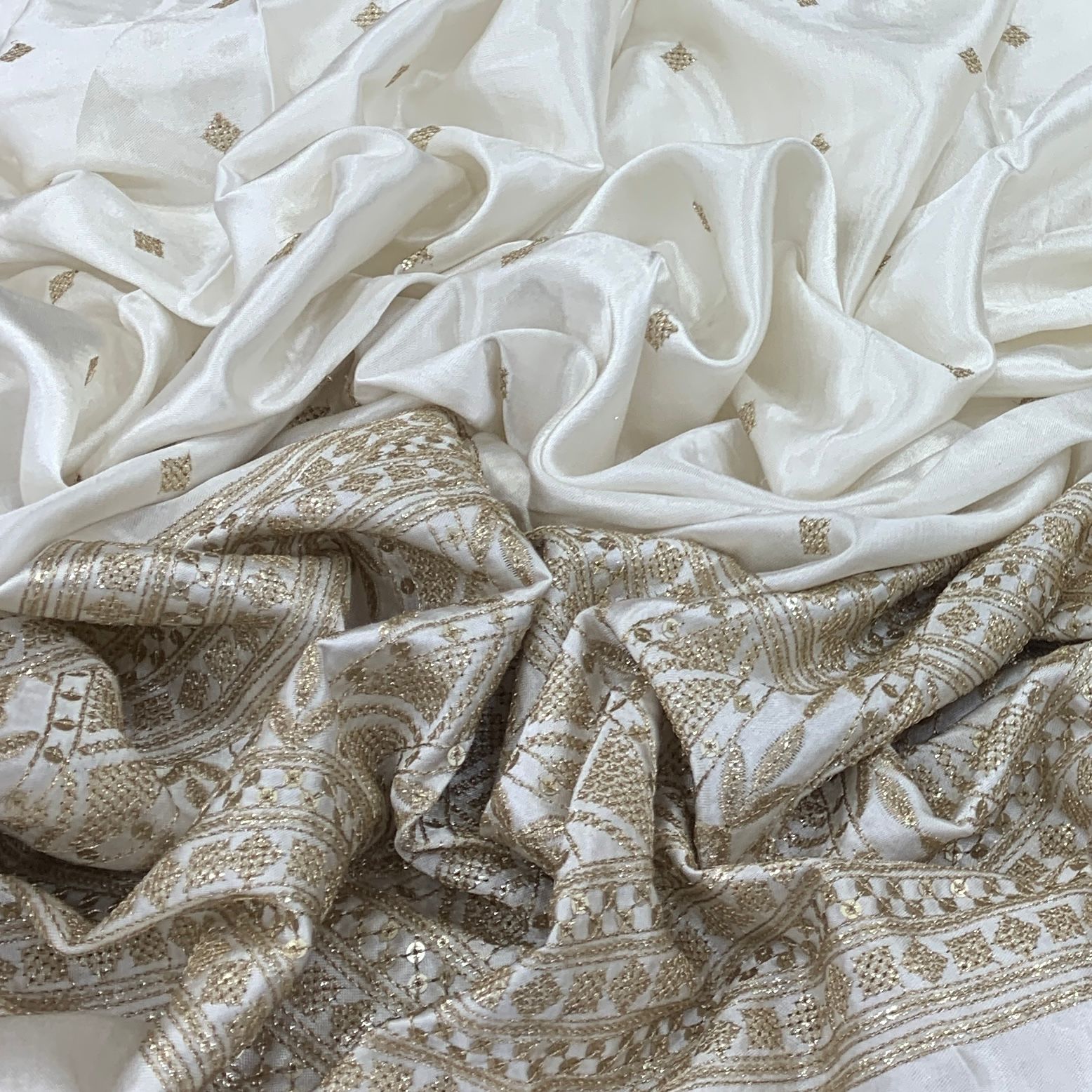 White Gajji Satin Embroidered Fabric