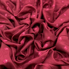 Deep Red Flower Butti Slub Silk Embroidery