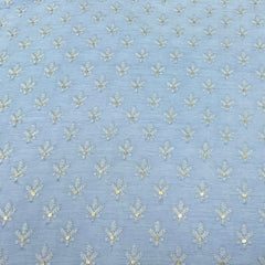 Pastel Blue Flower Butti Slub Silk Sequins Thread Embroidery