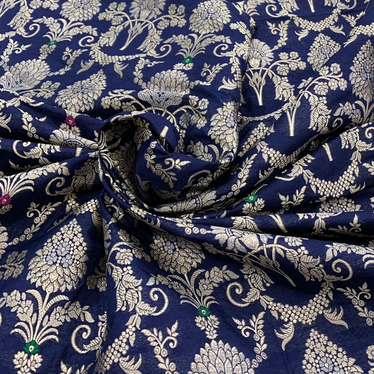 Navy Blue Pure Silk Brocade