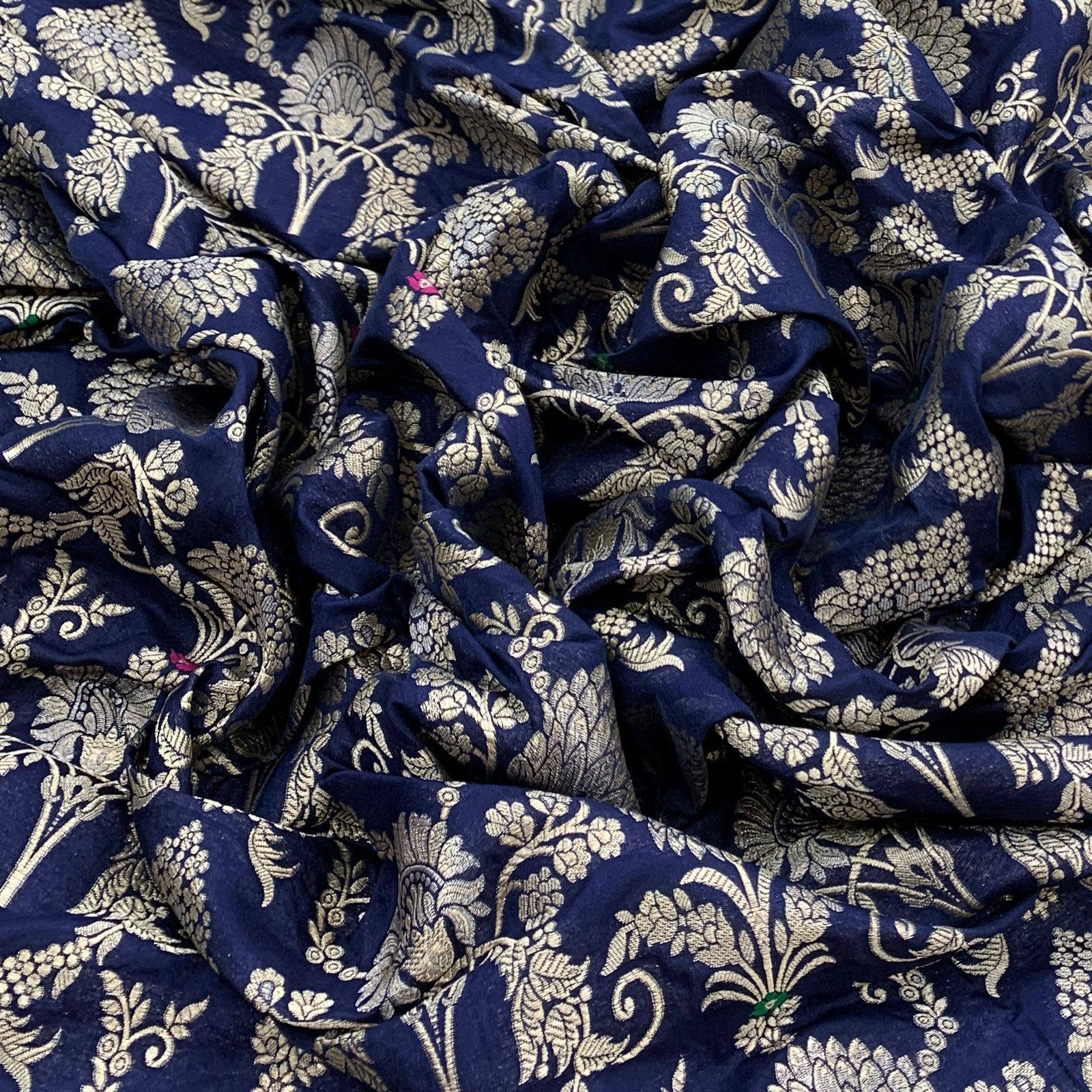 Navy Blue Pure Silk Brocade