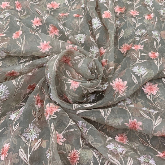 Grey Pure Organza Embroidery