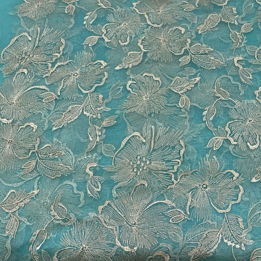 Turquoise Blue Pure Organza Embroidery