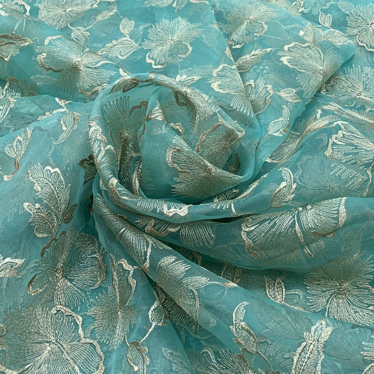 Turquoise Blue Pure Organza Embroidery