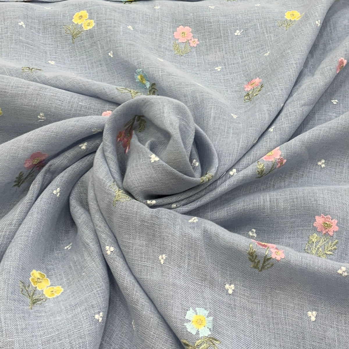 Pastel Blue Flower Linen Embroidery