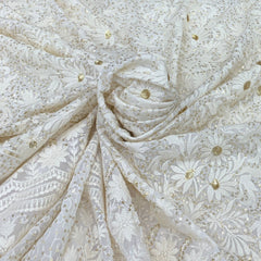 White Lucknowi Georgette Sequins Thread Floral Embroidery