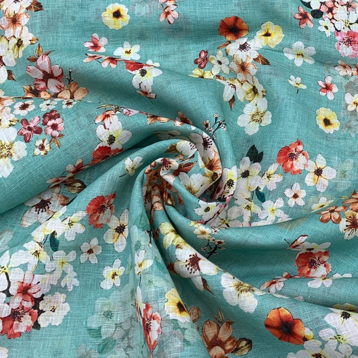 Gauge Linen Sea Green Floral  Print