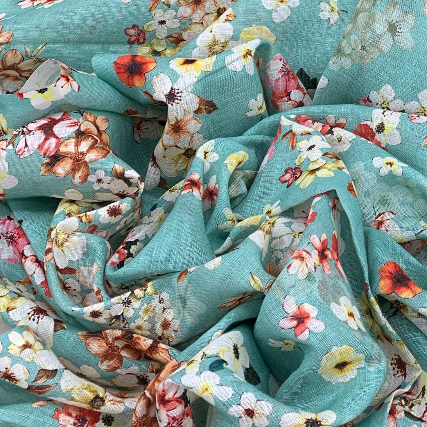 Gauge Linen Sea Green Floral  Print