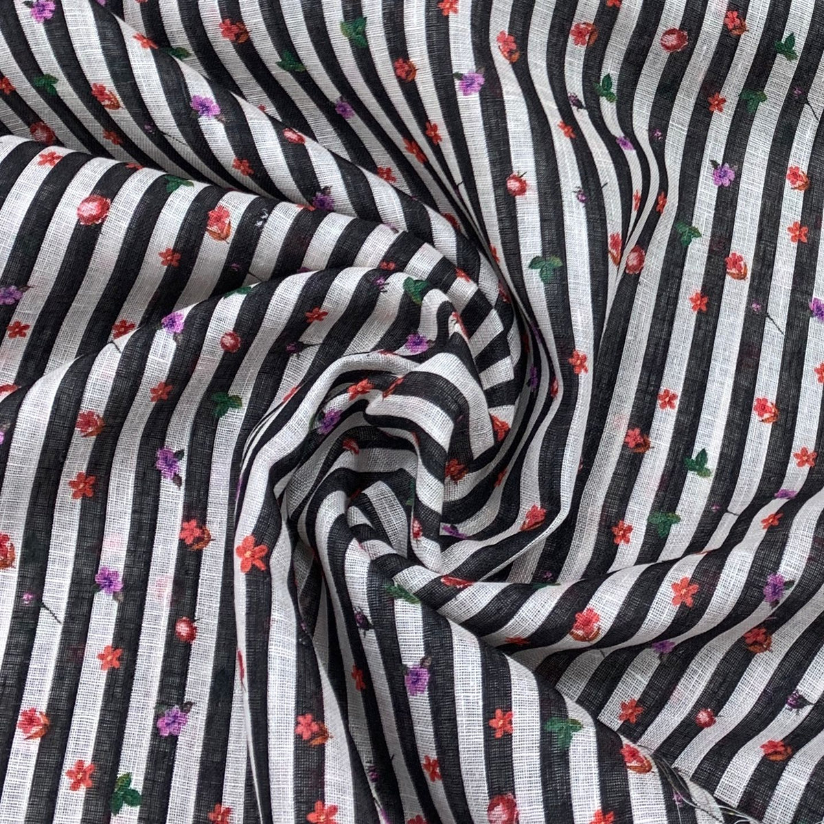 Gauge Linen Black Floral And Stripes Print