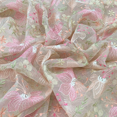 Off White Pure Organza Multicolor Thread Embroidery