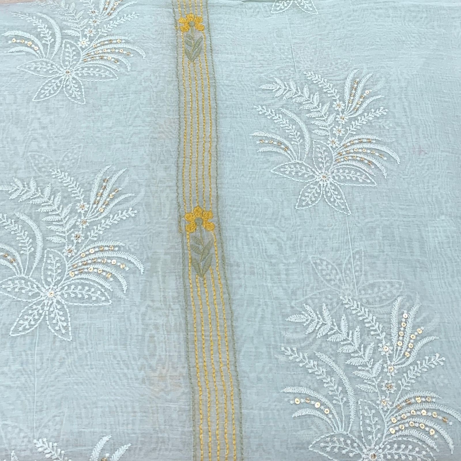Sea Green Mul Chanderi Sequins Thread Embroidery