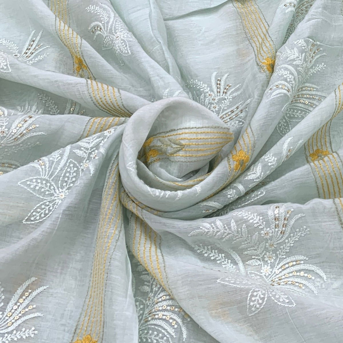 Sea Green Mul Chanderi Sequins Thread Embroidery