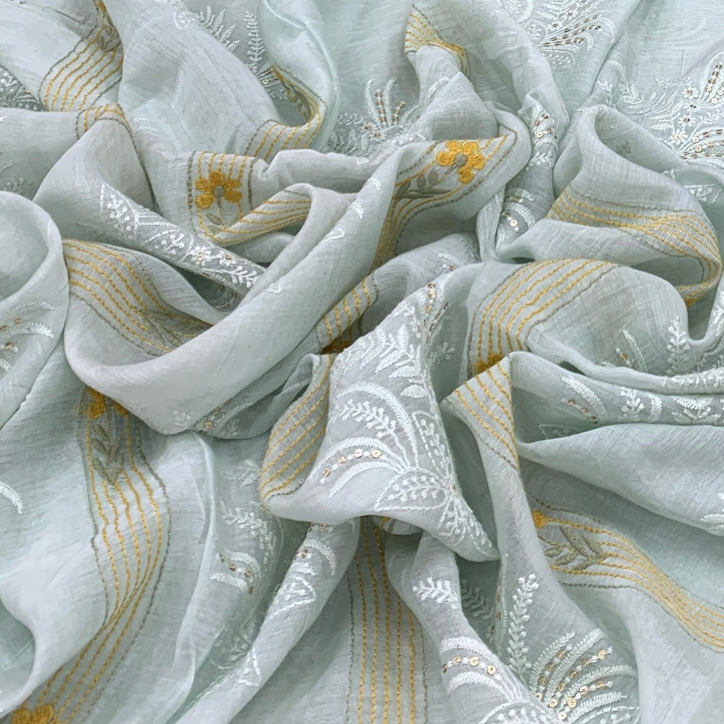 Sea Green Mul Chanderi Sequins Thread Embroidery