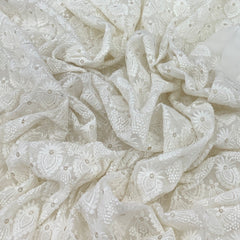White Georgette Lucknowi Flower Embroidery