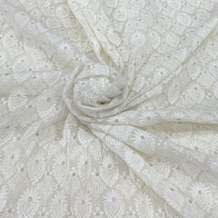 White Georgette Lucknowi Flower Embroidery
