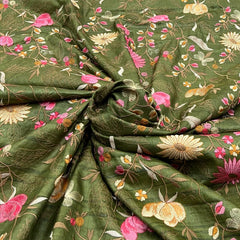 Dark Olive Green Tussar Silk Thread Jal Embroidery