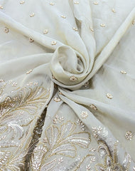 Natural Beige Tissue Cutdana Off White Pearl Embroidery