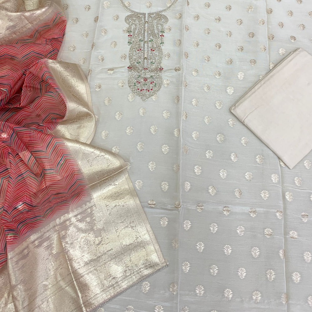 Tissue Woven Suit with Santon Bottom and Organza Dupatta