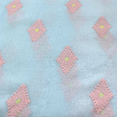Baby Blue Pink Mul Chanderi Thread Embroidery