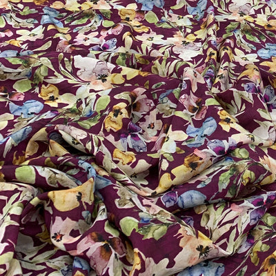Wine Flower Design Crepe Printed Fabric