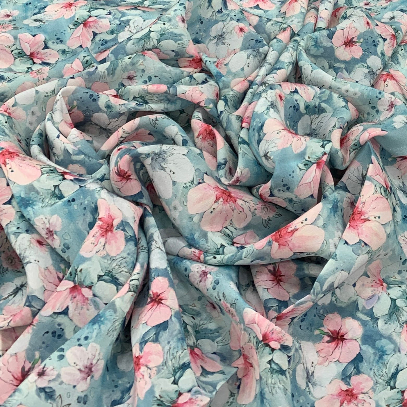 Aqua Blue Flower Design Crepe Printed Fabric