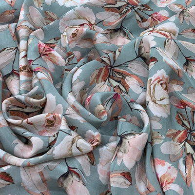 Blue Flower Design Crepe Printed Fabric