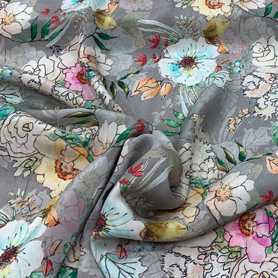 Grey Flower Design Crepe Printed Fabric