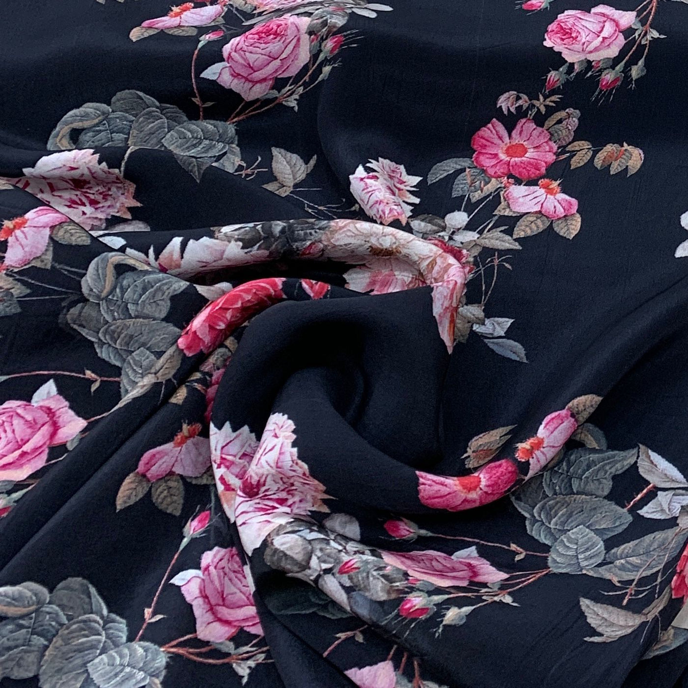 Black Flower Design Crepe Printed Fabric