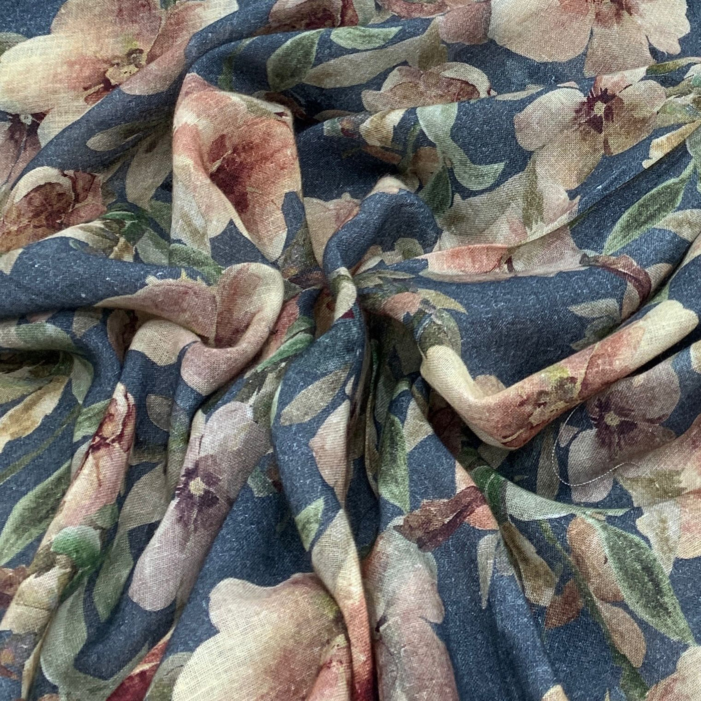Pastel Blue Flower Design Linen Printed Fabric