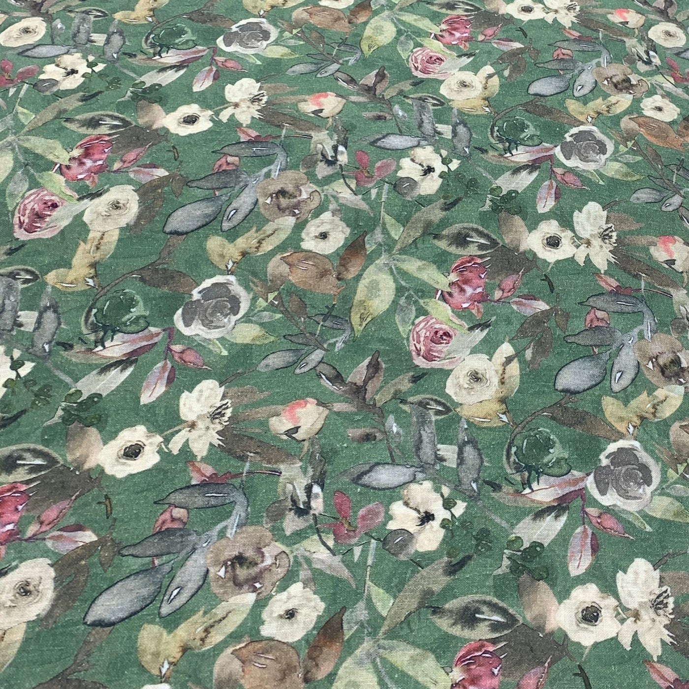Forest Green Flower Design Linen Printed Fabric