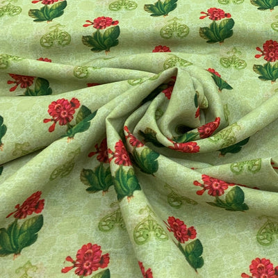 Lime Green Flower Design Linen Printed Fabric