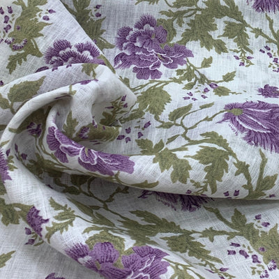 White With Purple Flower Design Linen Printed Fabric