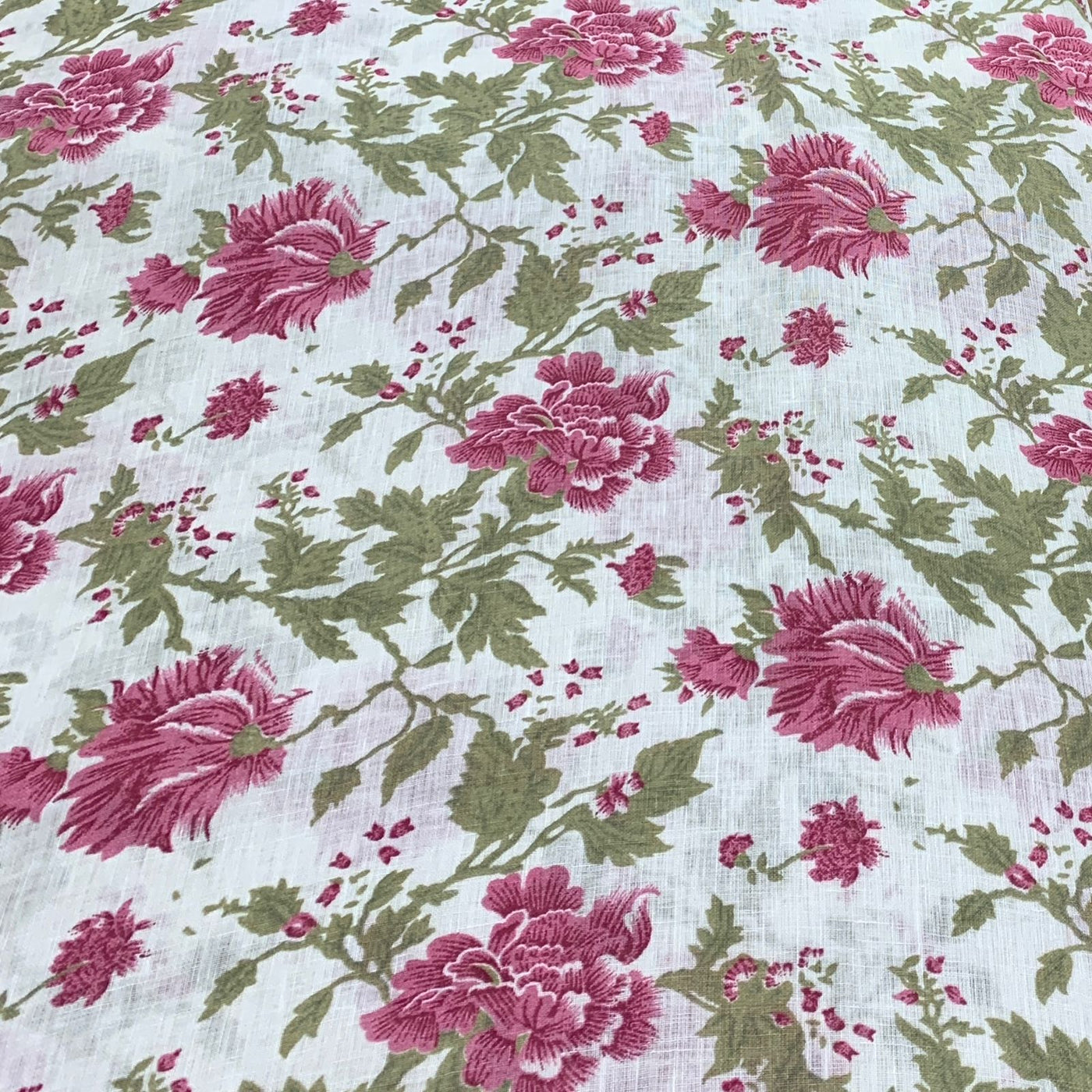 White With Pink Flower Design Linen Printed Fabric