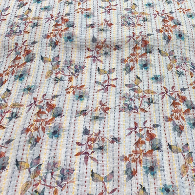 White Flower Design Linen Printed Fabric