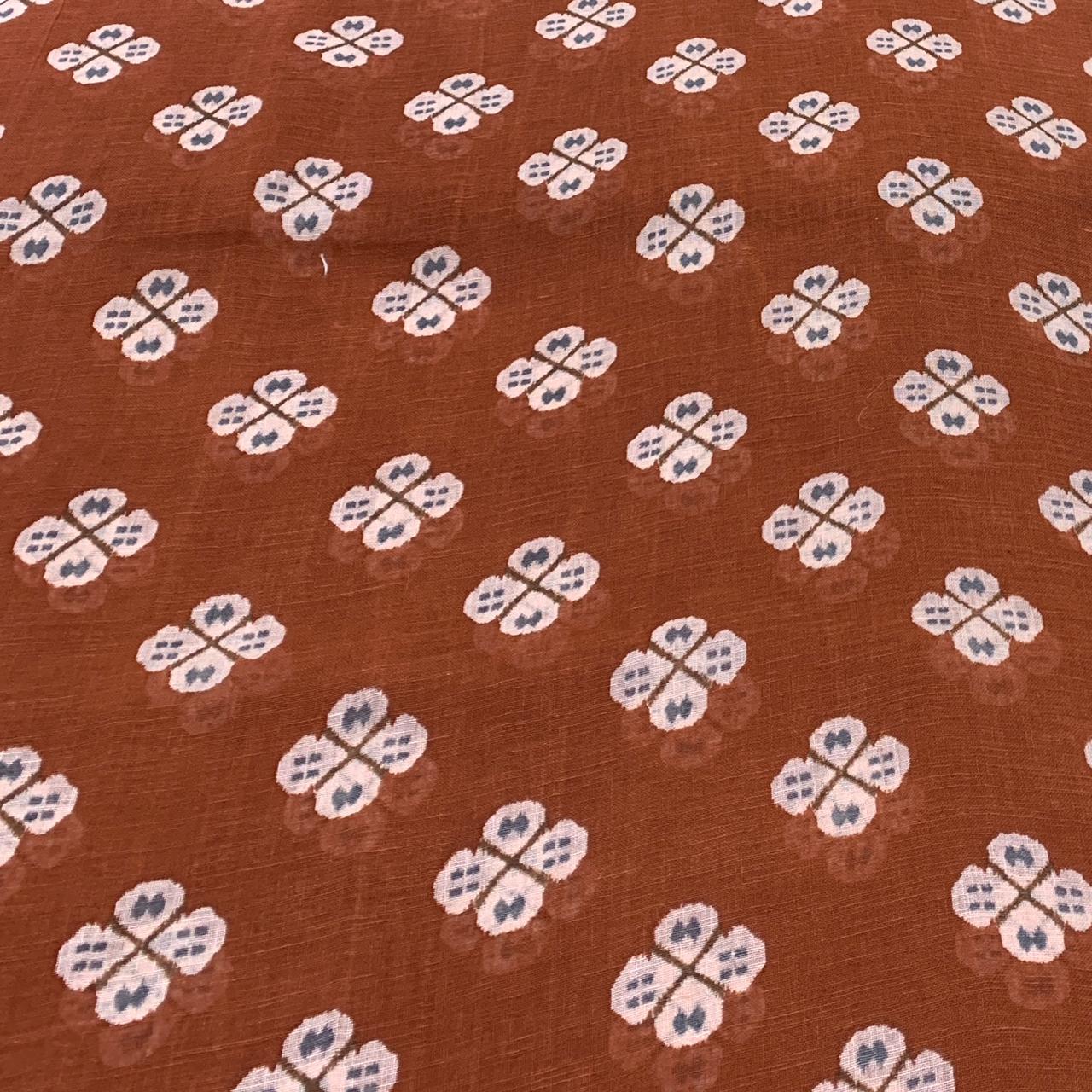 Rust Flower Design Linen Printed Fabric