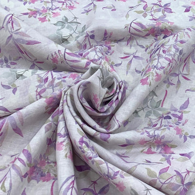 White With Purple Flower Design Linen Printed Fabric